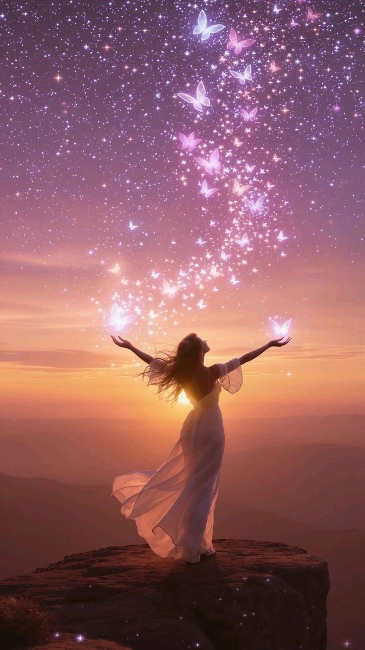 Woman with arms raised releasing butterflies